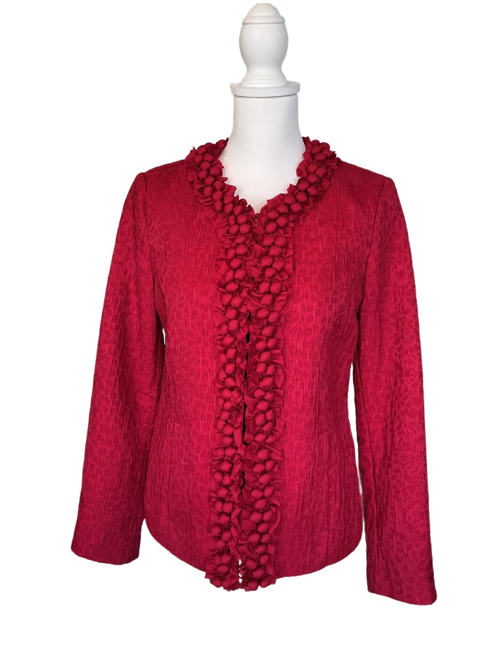 Chico's Bright Red Pom-Pom & Ruffle Trim Crinkled Silk Jacket Sz 0